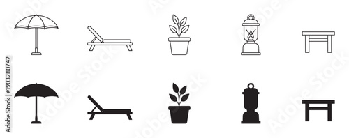 Set of garden and patio furniture icons featuring an umbrella, lounge chair, plant, lantern, and table, presented in both line art and solid silhouette vector styles