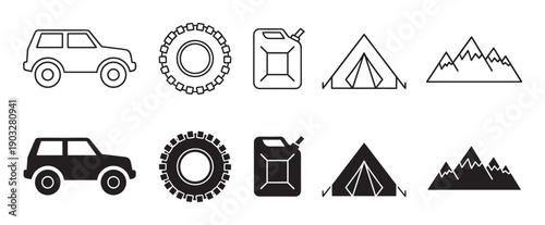 Set of black off-road adventure icons including a car, tire, fuel can, tent, and mountains, presented in both line art and solid silhouette styles for graphic design