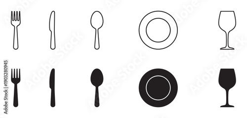 Black and white cutlery and tableware icons set featuring a fork, knife, spoon, plate, and glass in both outline and silhouette styles for a minimalist graphic illustration