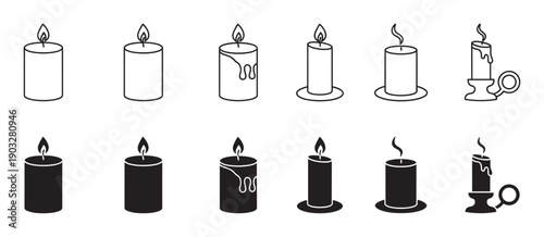 Black and white candle icon collection featuring different designs like pillar, melting wax, candlestick holder, and extinguished flame in both outline and solid silhouette styles