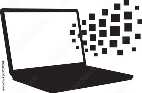 Laptop computer with digital pixels exploding from screen to right side