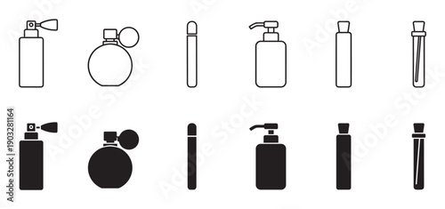 Set of cosmetic bottle and container icons in two styles, line art and solid black silhouette, showing various packaging like spray, pump, and perfume atomizers