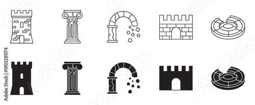Set of ancient ruin vector icons showing a castle tower, broken column, crumbling arch, and wall in both line art and solid glyph styles for historical design concepts