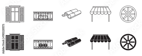 Collection of European architectural icons showing a window with shutters, an ornate balcony, roof tiles, a shop awning, and a wheel in line art and solid glyph styles