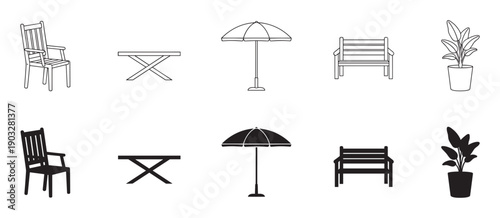 Black and white vector icon set of outdoor patio furniture including a chair, table, bench, umbrella, and potted plant, presented in both line art and solid silhouette styles