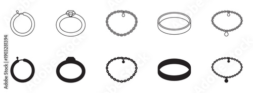 Jewelry icon set with rings, earrings, and bracelets in a simple black and white line art and solid glyph style for graphic design elements