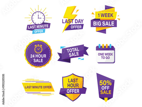 Set of last minute offer and 24 hour sale labels with 1 week big sale and 50% off discounts