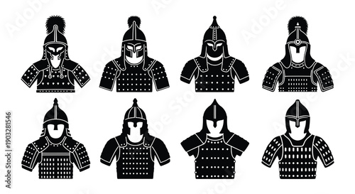 Collection of stylized black and white illustrations depicting various historical helmets