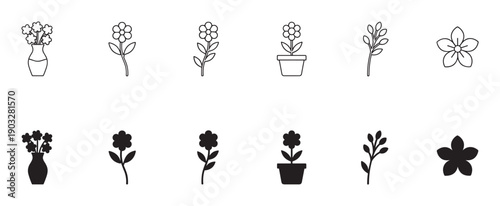 Set of black flower and plant icons in line art and solid silhouette styles, featuring a bouquet in a vase, a potted plant, and single stems with leaves