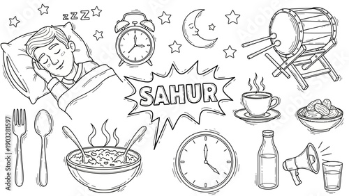 A person waking up for pre-dawn meal during Ramadan depicted with various related objects surrounding them
