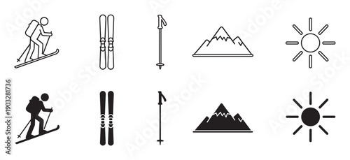 Set of black ski touring icons featuring a skier, skis, poles, mountains, and sun in both outline and solid silhouette styles for winter sports design