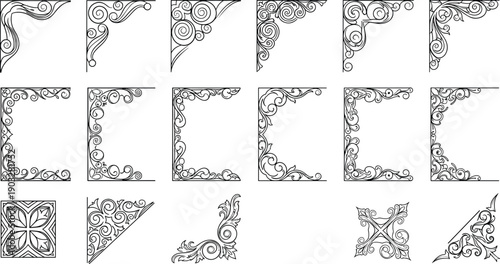 Vintage ornamental corner frames set with decorative flourishes, black and white line art vector collection for borders, invitations, and classic design projects