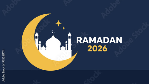 Celebrating Ramadan 2026 with Crescent Moon and Mosque Illustration at Night