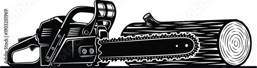 Black silhouette of a professional chainsaw cutting through a wooden log, ideal for forestry, woodworking, lumberjack industry, timber harvesting, and garden maintenance.