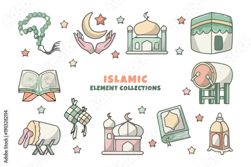 Collection of Islamic elements including mosques, prayer mats, and crescent moons in a serene illustrated setting from a straightforward viewpoint