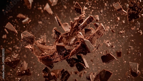 A close-up view of shattered chocolate pieces flying through the air with a brown background