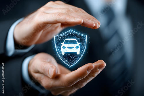 Car Safety Protection Concept with Hands Shielding Digital Vehicle Icon for Insurance Design