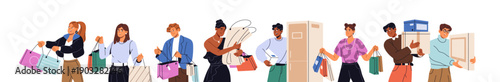 Set of people with lots of shopping bags. Customers hold many packs of purchases. Buyers carry boxes of appliances, packages of goods. Happy shopaholics. Flat isolated vector illustrations on white.