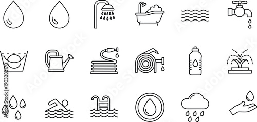 Water usage and hygiene outline icons set featuring drops, shower, bath, faucet, swimming, irrigation, and rain symbols for plumbing, sanitation, and sustainability concepts