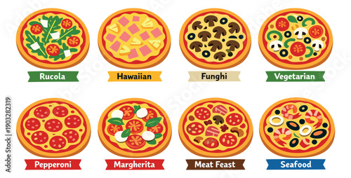Flat design pizza icon set featuring a variety of popular pizza recipes for restaurant menus and food delivery apps