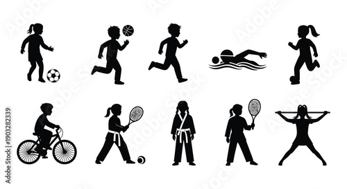 Silhouette illustrations depicting various children engaging in different sports