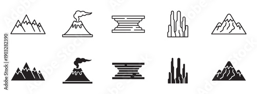Set of black geological formation icons featuring mountains, an erupting volcano, and rock layers in both outline and solid glyph styles for graphic design elements