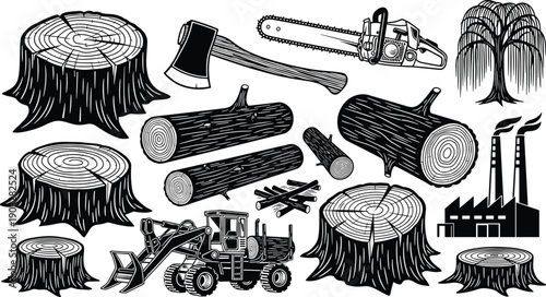 Deforestation illustration, logging machine, chainsaw cutting wood, industrial factory pollution, tree stumps, timber logs, forest destruction, wood processing, impact, nature loss, forestry industry