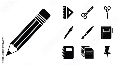 Black and white icons depicting various school and office supplies
