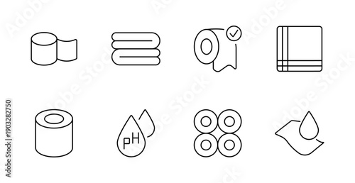 Hygiene product set icon. Toilet paper, towel, roll, pH drop, napkin, fabric, cleaning item, sanitary supply, soft texture, bathroom essentials.