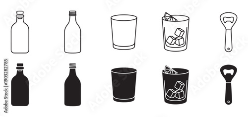 Black and white bar and beverage icons featuring bottles, a drinking glass, a cocktail with ice and lime, and an opener, presented in outline and solid glyph styles