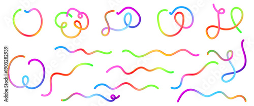 Abstract Gradient Color Lines Set with 3D Wave Shapes, Vector Spiral Rainbow Ribbons, Isolated on White Background.