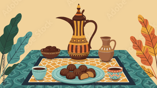 Traditional tea setting with dates and teapot on ornate mat surrounded by plants