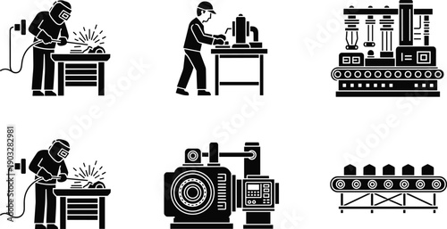 Industrial worker welding metal, machine operator using lathe, automated assembly line robotics, CNC machinery close-up, conveyor belt transporting goods, manufacturing technology icons illustration