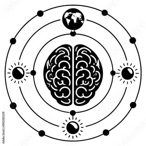 A minimalist vector illustration of a brain surrounded by orbiting planets and celestial bodies