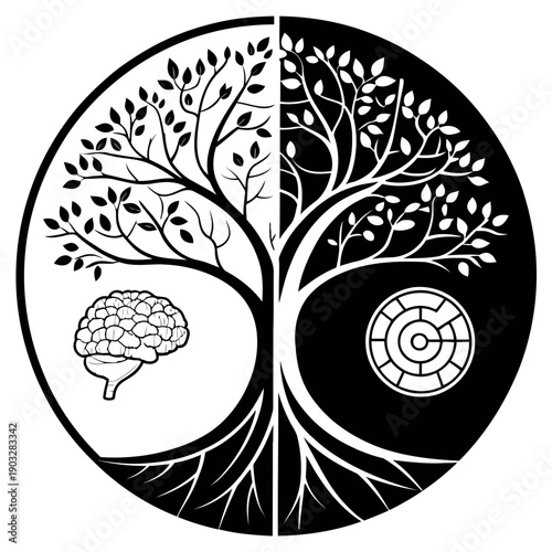 A black and white yin yang symbol featuring a tree with a brain and spiral design
