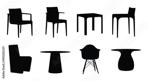Black and white illustration of various furniture arrangements and designs