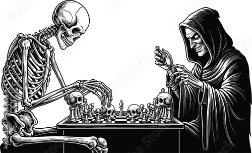 Macabre line art of a human skeleton playing a strategic game of chess against a hooded grim reaper figure with skull pieces.