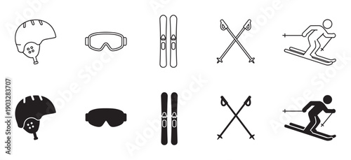 Set of black ski equipment icons showing a helmet, goggles, skis, poles, and a skier in two different styles, line art and solid silhouette, for winter sports concepts