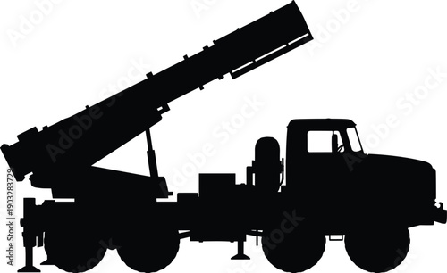 Military vehicle silhouette, rocket launcher system, artillery equipment, six wheel truck, defense technology, combat machine, war machinery, missile launcher, weapon, army transport, military icons