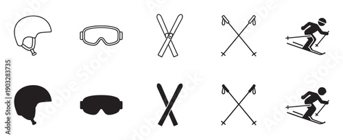 Set of black ski equipment icons featuring a helmet, goggles, skis, and poles in both minimalist line art and solid silhouette styles for winter sports