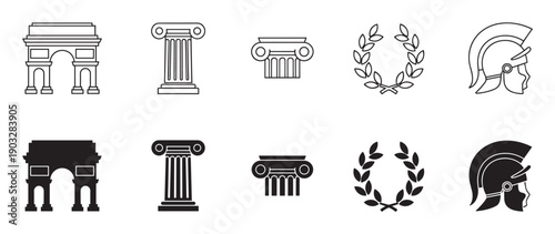 Set of ancient Roman and Greek icons including a triumphal arch, column, laurel wreath, and helmet in both line art and silhouette styles