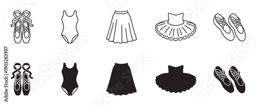 Ballet clothing and shoes icon set with pointe shoes, leotards, tutus, and skirts shown in both black line art and solid silhouette graphic styles for dance concepts