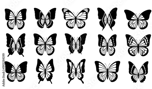 Abstract black butterfly silhouette vector set modern contour design