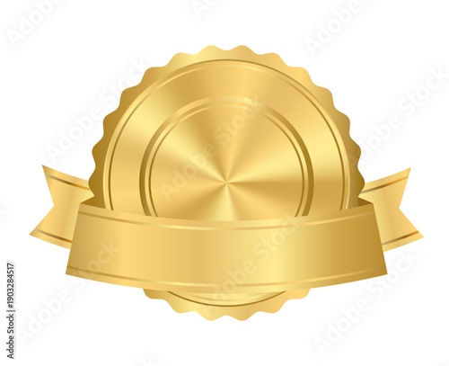 Realistic star shape gold medal template, mockup award with golden ribbon for warranty, guarantee. Сertification emblem, badge, quality assurance seal. Isolated on transparent background. Vector EPS10