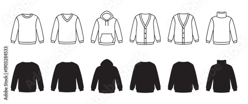 Six different casual sweater and cardigan styles are presented as clean outline icons and solid black silhouettes, offering a versatile collection of apparel designs