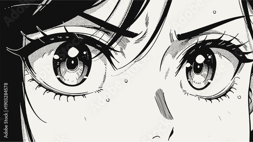Anime close up of expressive girl eyes with detailed manga linework and emotional facial focus