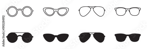 Collection of various sunglasses and eyeglasses icons showing different frame styles like round, cat-eye, and aviator in minimalist black outline and solid silhouette designs