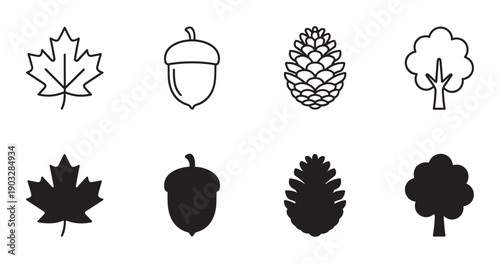 Set of black autumn forest icons featuring a maple leaf, acorn, pinecone, and tree in both outline and silhouette styles, representing nature and the fall season