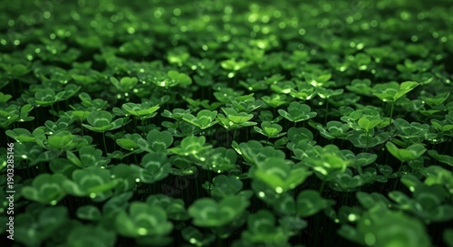 Vibrant Green Clover Patch with Dew Drops in Soft Focus