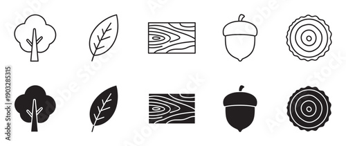 Black and white tree and wood icon set featuring a leaf, acorn, lumber texture, and trunk rings in simple line art and solid silhouette vector styles